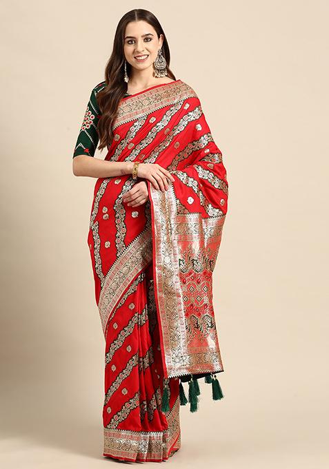 Red Jacquard Banarasi Silk Saree With Blouse