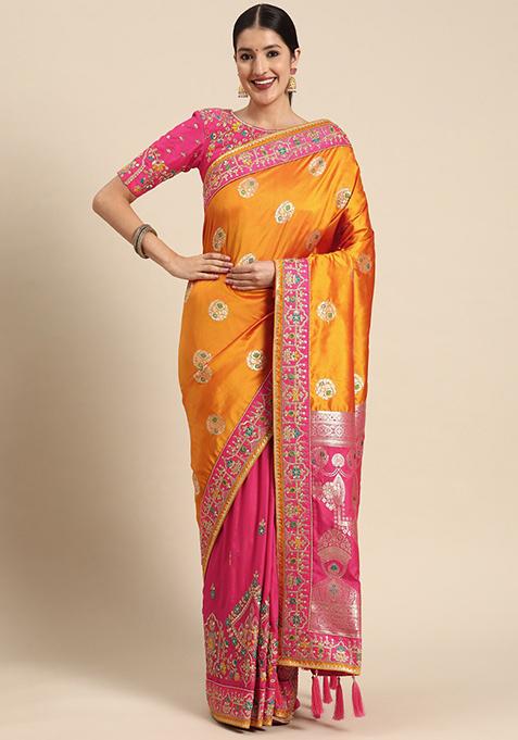 Yellow And Pink Jacquard Work Banarasi Silk Manhori Saree With Blouse