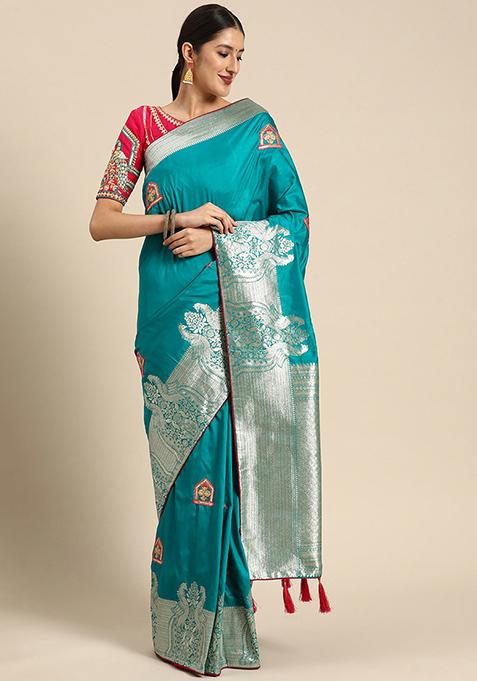 Blue Woven Pattern Banarasi Silk Manhori Saree With Blouse