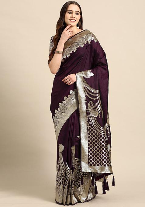 Purple Woven Pattern Banarasi Silk Manhori Saree With Blouse