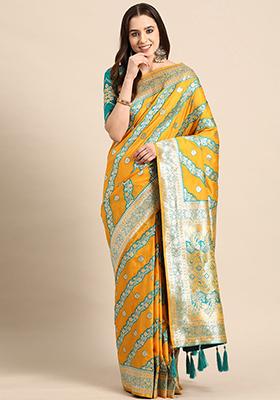 Yellow Jacquard Work Banarasi Silk Saree With Blouse