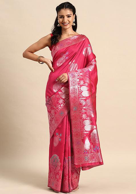 Pink Woven Pattern Banarasi Silk Manhori Saree With Blouse