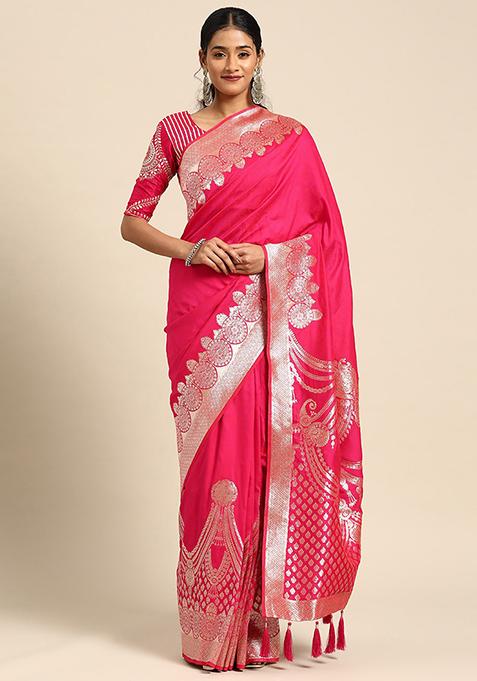 Pink Jacquard Work Banarasi Silk Saree With Blouse