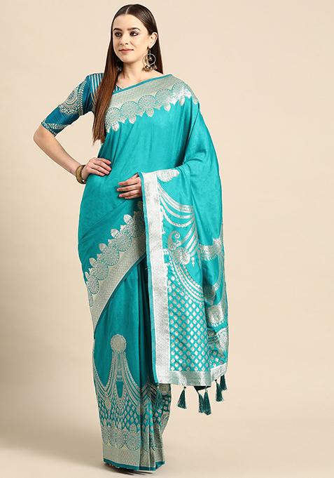 Blue Jacquard Work Banarasi Silk Saree With Blouse