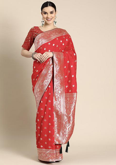 Red Jacquard Work Banarasi Silk Saree With Blouse