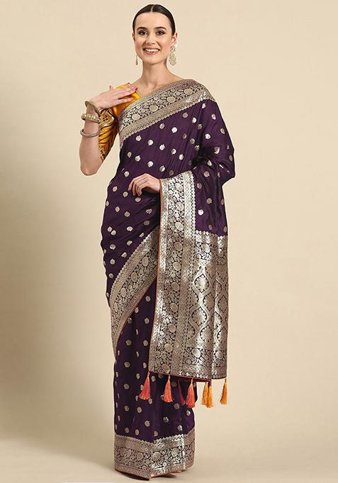 Purple Jacquard Work Banarasi Silk Saree With Blouse