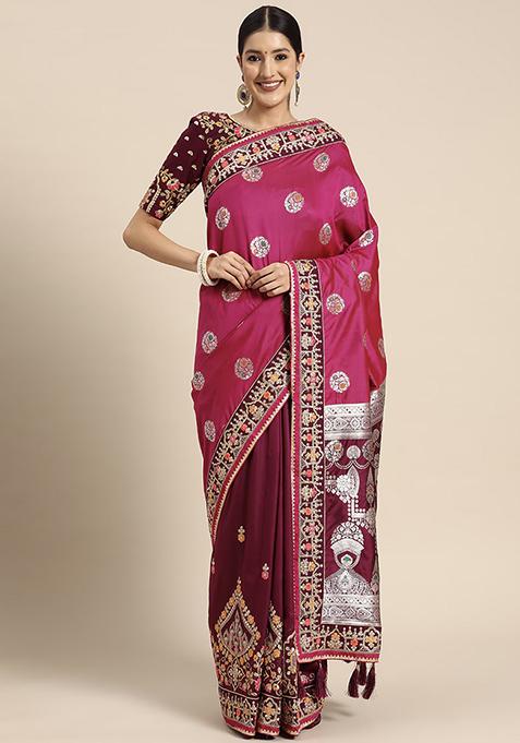 Purple And Pink Jacquard Work Banarasi Silk Manhori Saree With Blouse