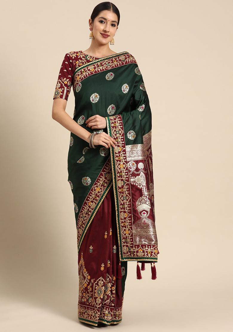 Green Jacquard Work Banarasi Silk Saree With Blouse - Indya