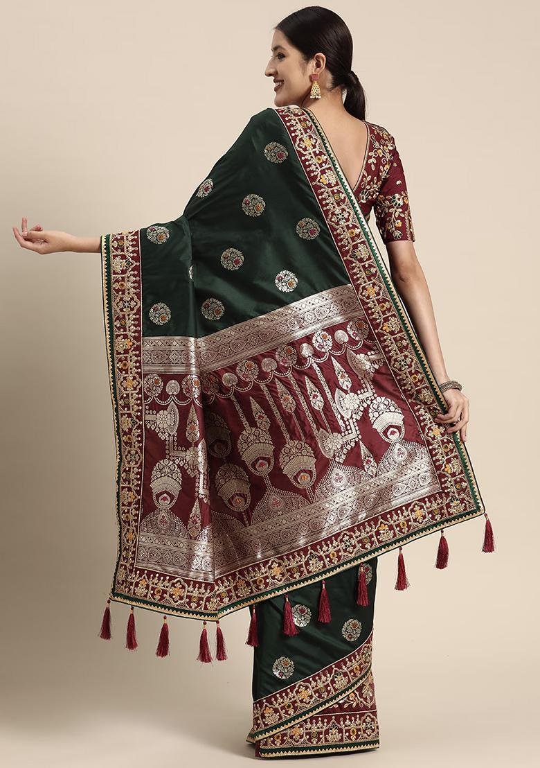 Green Jacquard Work Banarasi Silk Saree With Blouse - Indya