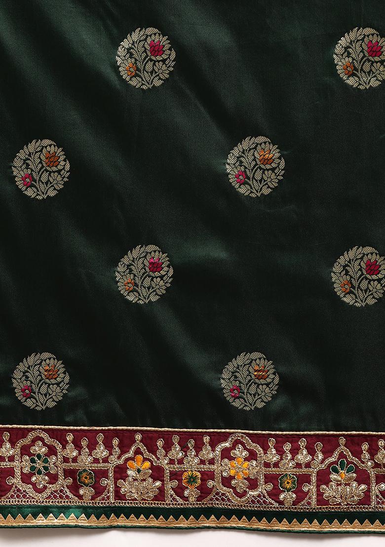 Green Jacquard Work Banarasi Silk Saree With Blouse - Indya