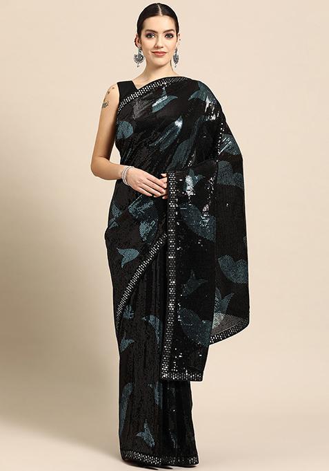 Black Sequin Work Georgette Manhori Saree With Blouse