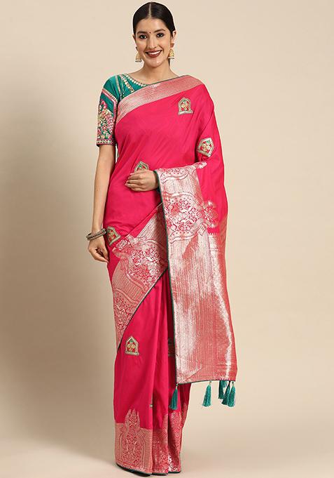 Pink Jacquard Banarasi Silk Manhori Saree With Blouse