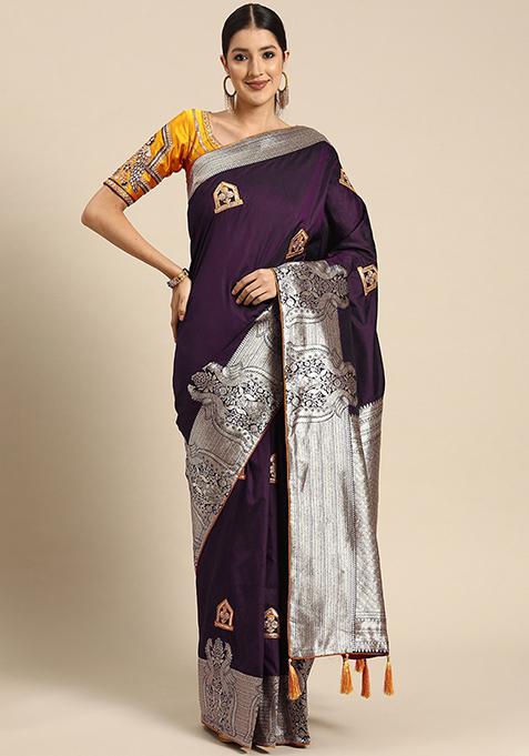 Purple Jacquard Work Banarasi Manhori Saree With Blouse