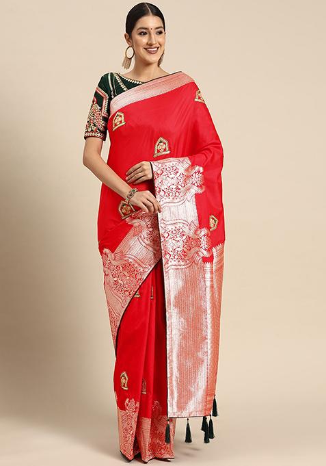 Red Jacquard Banarasi Silk Manhori Saree With Blouse