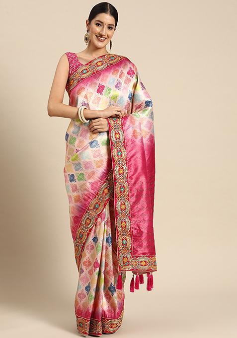 Pink Jacquard Banarasi Manhori Saree With Blouse