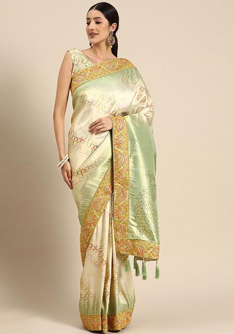 Green Jacquard Banarasi Silk Manhori Saree With Blouse