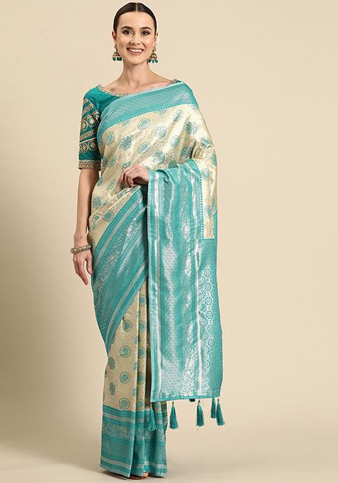 Beige And Turquoise Jacquard Work Banarasi Silk Manhori Saree With Blouse