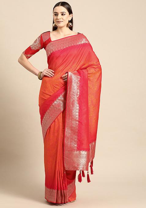 Peach And Pink Jacquard Work Banarasi Silk Manhori Saree With Blouse