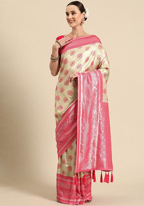 Beige And Pink Jacquard Work Banarasi Manhori Saree With Blouse