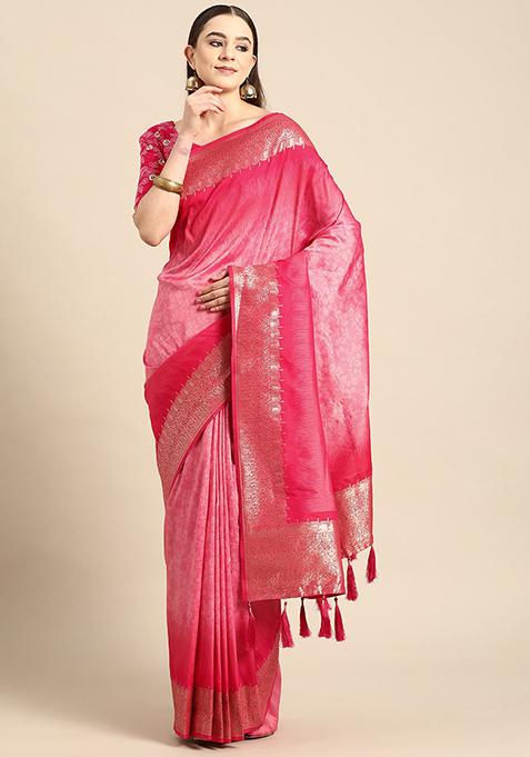 Pink Jacquard Work Banarasi Silk Manhori Saree With Blouse