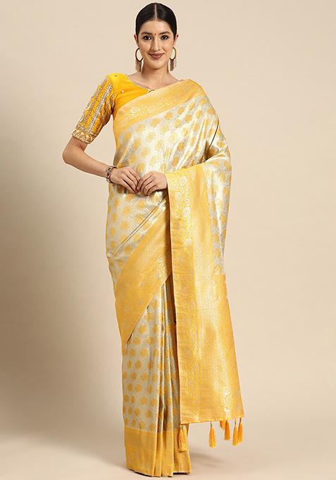 Yellow And Beige Jacquard Work Banarasi Silk Manhori Saree With Blouse