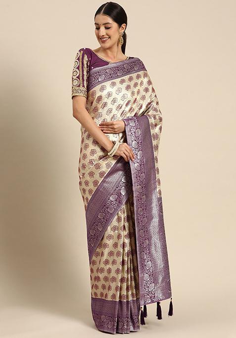 Purple Jacquard Work Banarasi Silk Manhori Saree With Blouse
