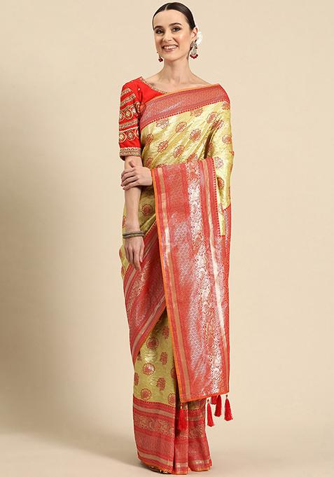 Yellow And Red Jacquard Work Banarasi Silk Manhori Saree With Blouse