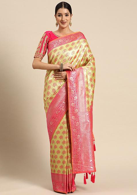 Beige And Pink Jacquard Work Banarasi Silk Manhori Saree With Blouse