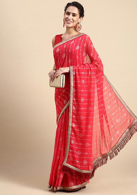 Pink Foil Work Zomato Silk Saree With Blouse