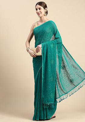 Turquoise Green Swarovski Embroidered Zomato Silk Saree With Blouse