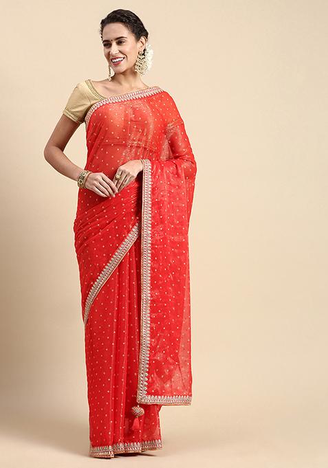 Red Foil Work Shimmer Chiffon Saree With Blouse