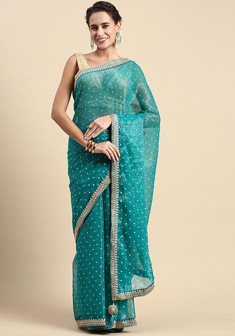 Turquoise Green Foil Work Shimmer Chiffon Saree With Blouse