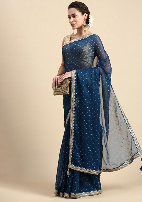 Blue Foil Work Shimmer Chiffon Saree With Blouse