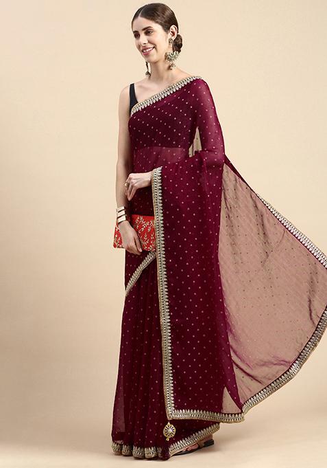 Maroon Foil Work Shimmer Chiffon Saree With Blouse