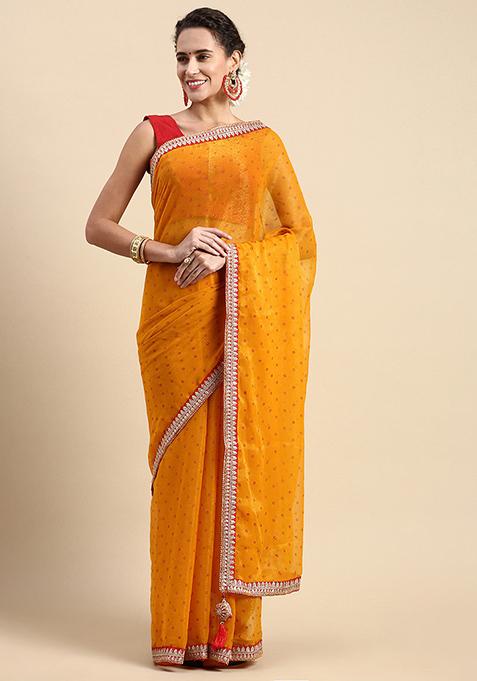 Yellow Foil Work Shimmer Chiffon Saree With Blouse