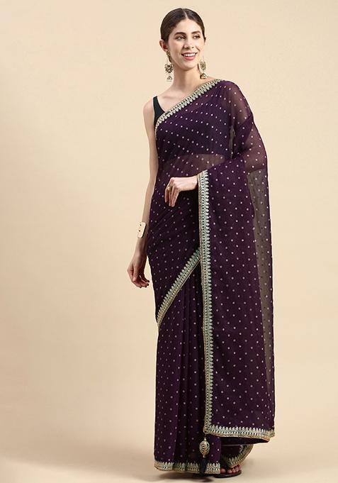 Purple Foil Work Shimmer Chiffon Saree With Blouse