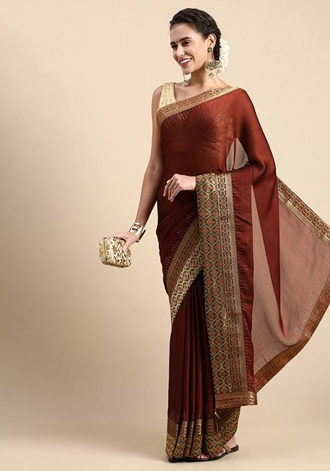 Brown Swarovski Embroidered Striped Satin Silk Saree With Blouse