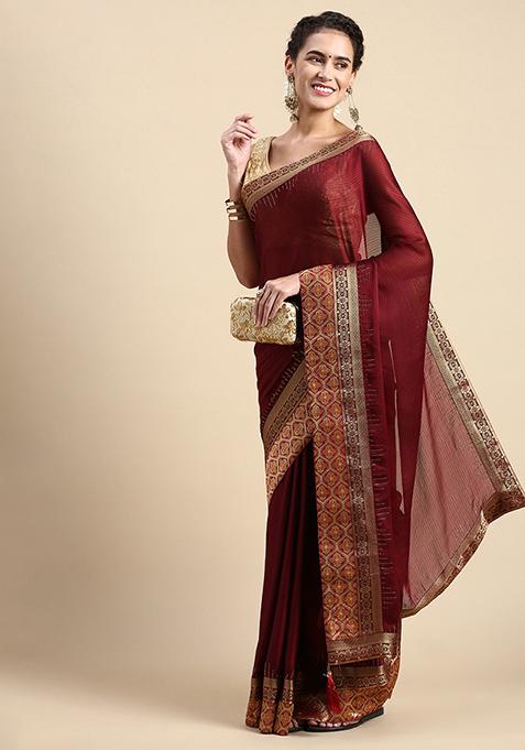 Maroon Swarovski Work Striped Satin Silk Saree With Blouse