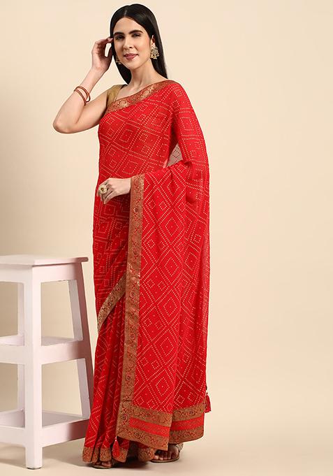 Red Foil And Swarovski Work Georgette Saree With Blouse