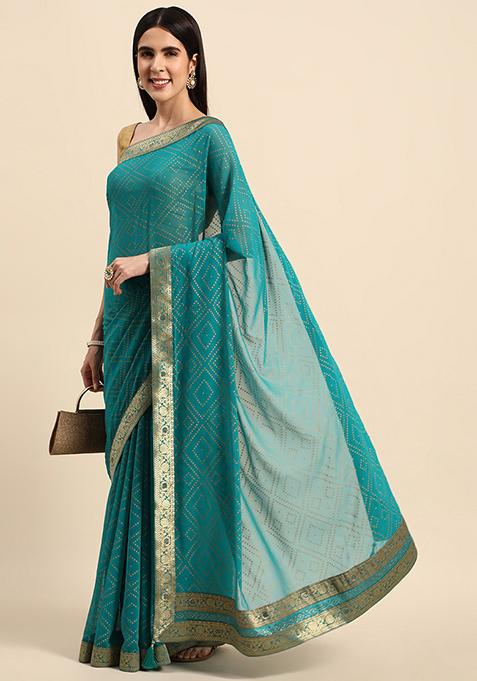 Turquoise Green Foil And Swarovski Work Georgette Saree With Blouse