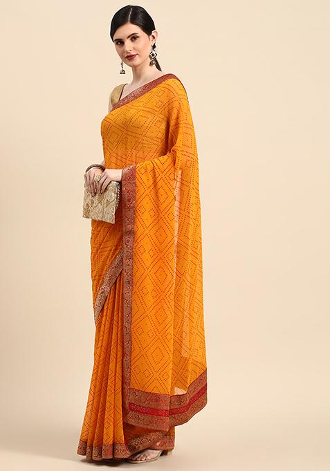Yellow Foil And Swarovski Work Georgette Saree With Blouse