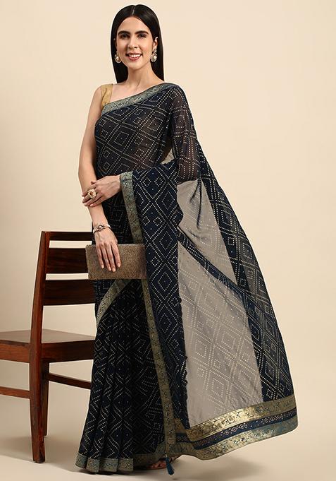 Blue Foil And Swarovski Work Georgette Saree With Blouse