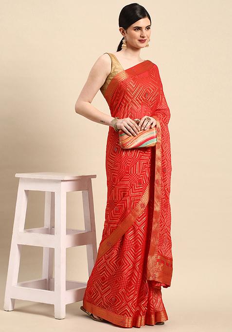Red Foil And Swarovski Work Brasso Saree With Blouse