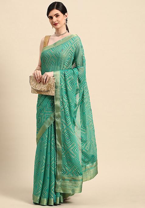Turquoise Green Foil And Swarovski Work Brasso Saree With Blouse