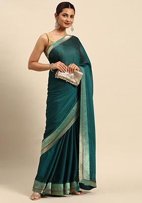 Green Swarovski Embroidered Striped Satin Silk Saree With Blouse