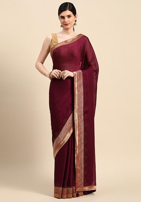Purple Swarovski Embroidered Striped Satin Silk Saree With Blouse