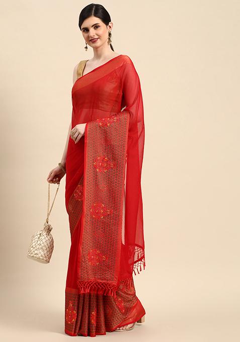 Red Swarovski Embroidered Viscose Chiffon Saree With Blouse