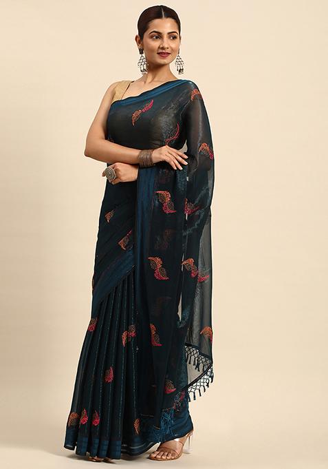 Blue Swarovski Embroidered Shimmer Chiffon Saree With Blouse