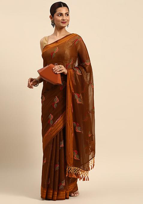 Brown Swarovski Embroidered Shimmer Chiffon Saree With Blouse