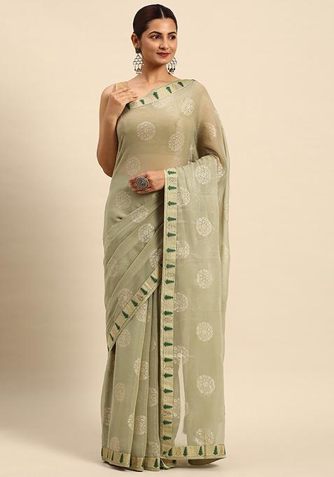 Light Green Foil And Swarovski Work Shimmer Chiffon Saree With Blouse